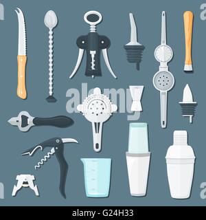 vector colorful flat design bartender equipment sommelier corkscrew, openers, squeezer, knife, mixing spoon, boston cobbler shak Stock Vector
