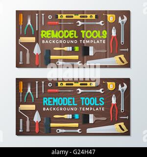vector colorful flat design various house remodel construction tools isolated collection wood textured background banner templat Stock Vector