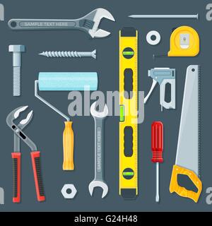 vector colorful flat design various house remodel construction tools and equipment illustration collection isolated dark backgro Stock Vector
