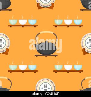 vector colorful flat design tea pack puer sign, teapot, bowls on stand deco seamless pattern isolated orange background Stock Vector