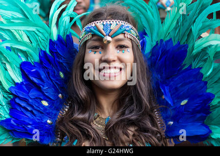 Berlin, Germany may 15, 2016: Beautiful girl in costume smiling on  Carnival of Cultures  (Karneval der Kulturen)  in Berlin, Germany. Stock Photo