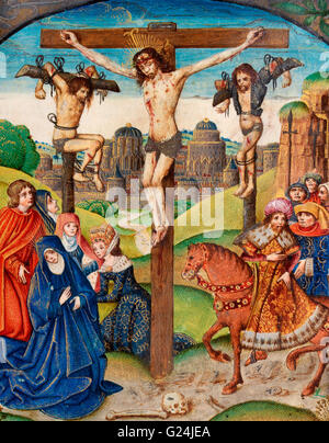 The Crucifixion. Christ on the Cross between two thieves. Illumination from the Vaux Passional, 16th Century Stock Photo