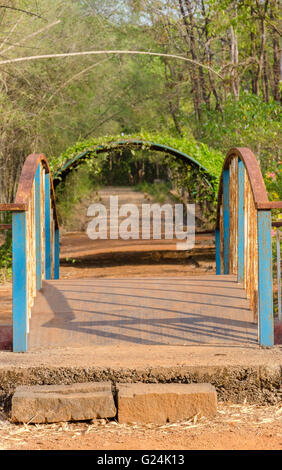 Plantation walkway as seen through Japanese-style arch bridge at Satpal Arboretum, Mollem, Goa Stock Photo