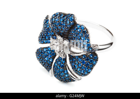 ring with sapphires on a white background Stock Photo