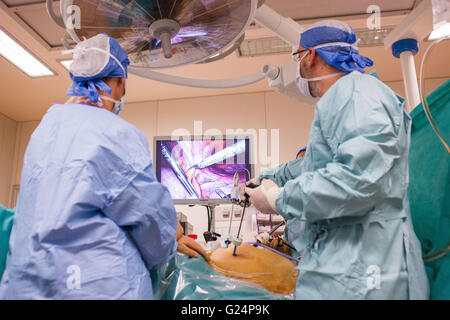 Surgical laparoscopy and hysteroscopy exploration here, treatment of endometriosis, Limoges hospital, France. Stock Photo