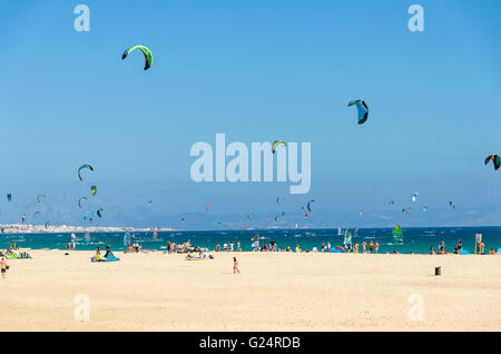 Kitesurfers and windsurfers on the beach at Ensenada de Bolonia, Costa de la Luz, Tarifa, Spain Stock Photo