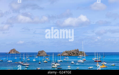 Boats beyond harbor at  Gustavia on St. Barts Stock Photo