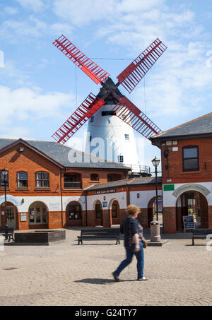 Marsh Mill, 18th-century tower windmill, structure, style, tiling, tourism, rustic, sails, shops, tourist village;  Marsh Mill isa  working windmill, is a ‘gristmill’ – one which grinds grain to flour and is a prominent local landmark at Thornton, Fleetwood Road North, Thornton-Cleveleys, Lancashire, Stock Photo