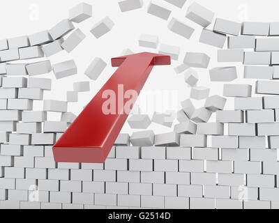 3d renderer image. Red arrow breaking brick wall. Success concept. Isolated white background. Stock Photo