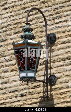 Exterior Antique Hanging leaded glass Lantern in Fleetwood, Thorton-Cleveleys, Fylde Coast, Lancashire, UK Stock Photo