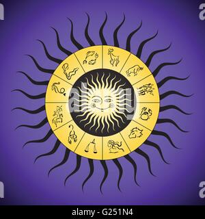 Zodiac sign Circle with element signs icon vector on black and yellow ...