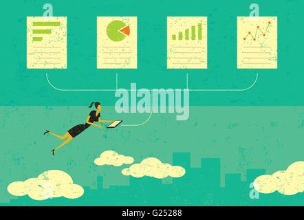 Auditing Financial Documents A woman auditing financial documents over an abstract skyline background. Stock Vector