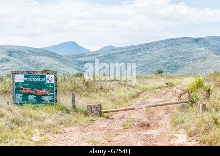 BAVIAANSKLOOF, SOUTH AFRICA - MARCH 6, 2016: Information board and boom for the Bergplaas Hut in the Baviaanskloof Stock Photo