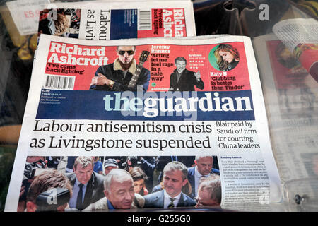 Guardian newspaper front page  'Labour antisemitism crisis as Livingston suspended'  29 April 2016 London UK Stock Photo