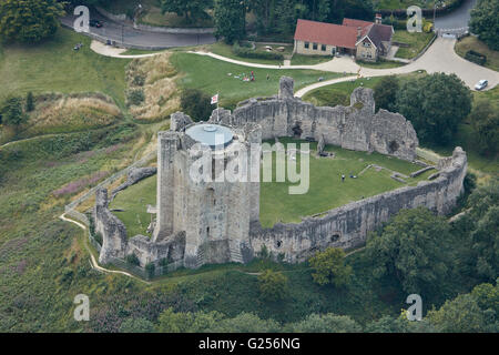 An aerial view of Conisbrough Castle, a ruined medieval fortification near Doncaster Stock Photo