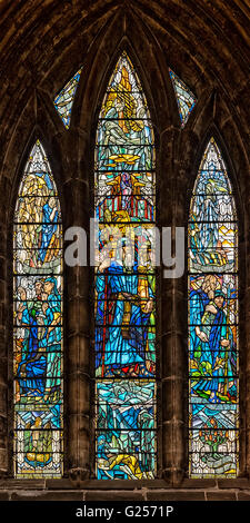 One of the many beautiful stained glass windows that adorn the Glasgow cathedral in Scotland. Stock Photo