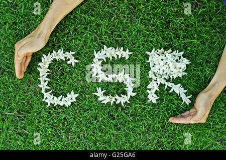 Hands holding white flowers arranged as a word CSR on green grass background Stock Photo