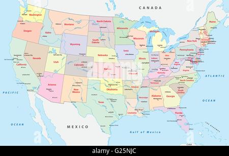 colored united states of america administrative and political map Stock Vector