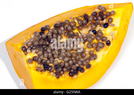 Close up above view of sliced section of paw paw papaya fruit and seeds on white Stock Photo