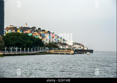 View of Santa Ana hill and the Las Penas neighborhood in Guayaquil, Ecuador with a lighthouse on top Stock Photo