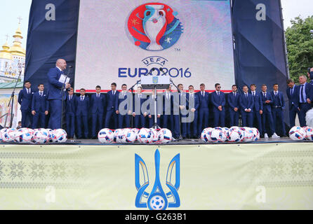 Players of the National Football team of Ukraine on a stage during the ceremony of the Departure for the European Championship Stock Photo