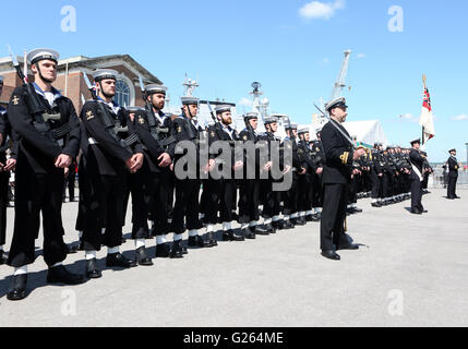 Portsmouth, Hampshire, UK. 24th May, 2016. A restored bell from a WW2 Battlecruiser has been unveiled by Princess Anne today. The bell from HMS Hood is now on display at the National Museum of the Royal Navy (NMRN) at Portsmouth Historic Dockyard after being recovered from the seabed last year. HMS Hood was hit by a shell by German battleship, Bismarck, in 1941 and today marks the 75th anniversary of that day. Credit:  uknip/Alamy Live News Stock Photo