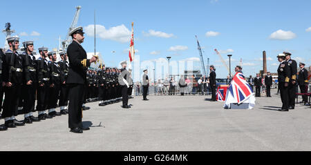 Portsmouth, Hampshire, UK. 24th May, 2016. A restored bell from a WW2 Battlecruiser has been unveiled by Princess Anne today. The bell from HMS Hood is now on display at the National Museum of the Royal Navy (NMRN) at Portsmouth Historic Dockyard after being recovered from the seabed last year. HMS Hood was hit by a shell by German battleship, Bismarck, in 1941 and today marks the 75th anniversary of that day. Credit:  uknip/Alamy Live News Stock Photo