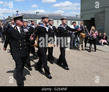 Portsmouth, Hampshire, UK. 24th May, 2016. A restored bell from a WW2 Battlecruiser has been unveiled by Princess Anne today. The bell from HMS Hood is now on display at the National Museum of the Royal Navy (NMRN) at Portsmouth Historic Dockyard after being recovered from the seabed last year. HMS Hood was hit by a shell by German battleship, Bismarck, in 1941 and today marks the 75th anniversary of that day. Credit:  uknip/Alamy Live News Stock Photo