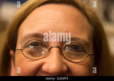 Voyager Press, London UK. 24th May 2016. Rare collection of Spectacles from the 1700s to the 1940s is previewed and modelled before going to the London Antiquarian Book Fair at Olympia. Credit:  Malcolm Park editorial/Alamy Live News. Stock Photo