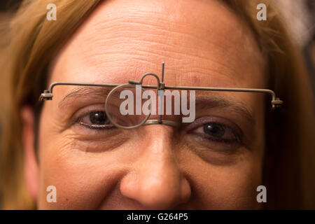 Voyager Press, London UK. 24th May 2016. Rare collection of Spectacles from the 1700s to the 1940s is previewed and modelled before going to the London Antiquarian Book Fair at Olympia. Credit:  Malcolm Park editorial/Alamy Live News. Stock Photo