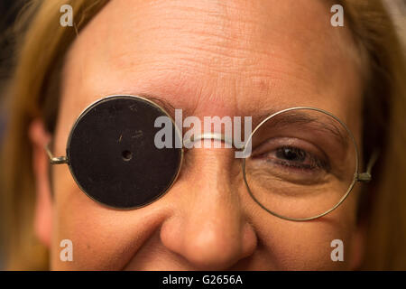 Voyager Press, London UK. 24th May 2016. Rare collection of Spectacles from the 1700s to the 1940s is previewed and modelled before going to the London Antiquarian Book Fair at Olympia. Credit:  Malcolm Park editorial/Alamy Live News. Stock Photo