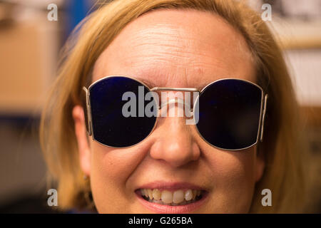 Voyager Press, London UK. 24th May 2016. Rare collection of Spectacles from the 1700s to the 1940s is previewed and modelled before going to the London Antiquarian Book Fair at Olympia. Credit:  Malcolm Park editorial/Alamy Live News. Stock Photo