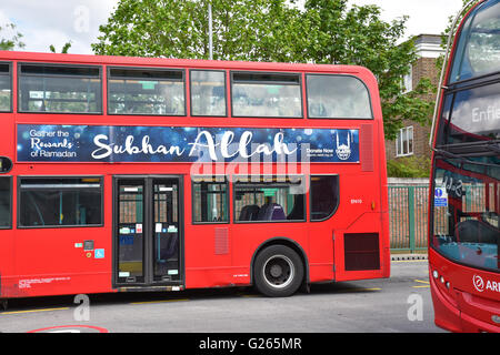 Turnpike Lane, London, UK. 24th May 2016. Ramadan bus advertising,  'Subhan Allah' (Glory be to God in Arabic). Stock Photo