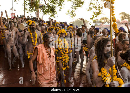 Ujjain, Madhya Pradesh, India, May 21, 2016: Holy Hindu Monks (Naga Sadhus) are going to take holy dip in the early morning in the scared river Shipra, also known as Kshipra on the concluding day of month long Simhasth Mahakumbh in ancient religious city Ujjain, India. Simhasth Kumbh Mahaparv is one of the four Kumbh Melas celebrated by largest spiritual gathering on Planet Earth. This year's Simhasth Kumbh Maha Parva is based on the celestial line-up of Planets and the Signs of the Zodiac, which occurs every 12 years. This year Simhasth Kumbh Mahaparv took place from April 22 to May 21. The c Stock Photo