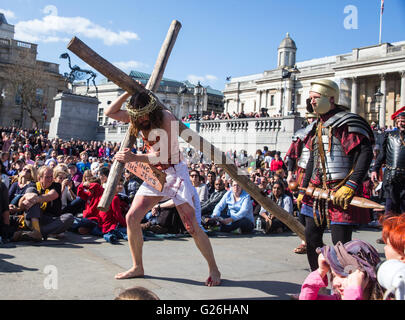 Actor James Burke-Dunsmore plays Jesus, during 'The Passion of Christ' at Trafalgar Square in London, Britain. Stock Photo