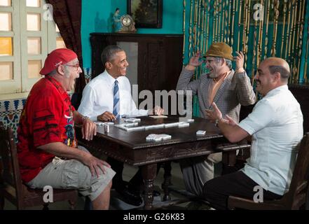 President Barack Obama participates in a comedy skit with Cuban comedian Panfilo, second from right, in Havana, Cuba, March 21, 2016. Stock Photo