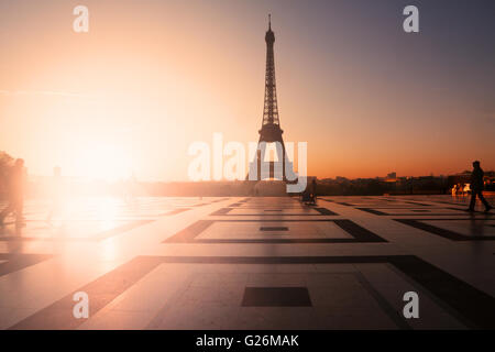 Paris, France: Eiffel Tower at sunset (or sunrise) from Trocadero. Copy space on left Stock Photo