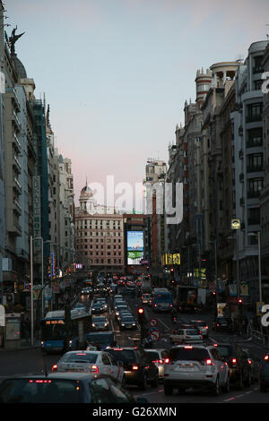 A view of Gran Via at dusk. General views in Madrid during the 2016 San Isidro festival Stock Photo