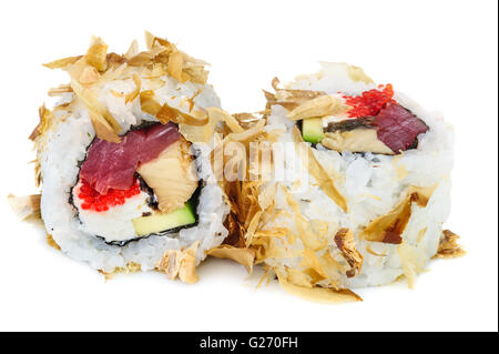 Uramaki maki sushi, two rolls isolated on white Stock Photo