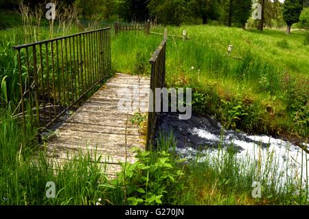 Wooden and iron footbridge on a course of eau dans a country landscape. Stock Photo