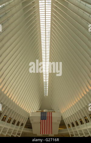 detail of ceiling and hanging American Flag at The Oculus in New York City. Stock Photo