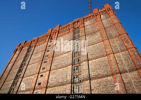Abandoned 1901 ruins of dockside buildings in the Liverpool Docklands awaiting proposed regeneration. The Stanley Dock Tobacco Warehouse Historical landmark is a grade II listed building and is the world's largest red brick warehouse. The Tobacco Warehouse is scheduled to be the £130m second phase of the Stanley Dock regeneration and feature apartments, a central courtyard and shops. Stock Photo