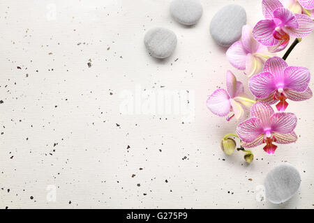 Spa Stones and Orchid flowers on paper Stock Photo