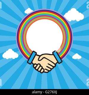 Shaking hands in outline with rainbow circle over a blue sky background in lines with white clouds. Digital vector background Stock Vector