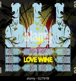 Love wine and tasting card, three light blue bottles over water colored background. Digital vector image. Stock Vector
