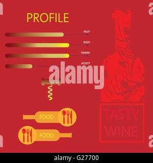 Tasty wine and food restaurant info graphic with components, bottle, spoon, knife and fork signs in outlines over red background Stock Vector