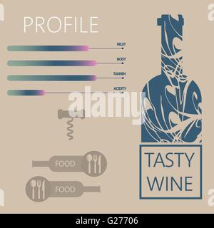 Tasty wine and food restaurant info graphic with components, bottle, spoon, knife and fork signs in outlines over light brown ba Stock Vector
