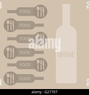 Wine and food restaurant info graphic, bottle, spoon, knife and fork in outlines over light brown background. Digital vector ima Stock Vector