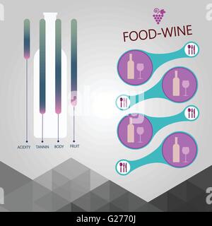 Food and wine info graphic, bottle with components description over silver background. Digital vector image. Stock Vector