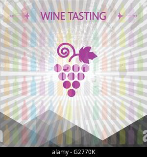 Wine tasting card, big grape sign over colored bottles background with lines. Digital vector image. Stock Vector